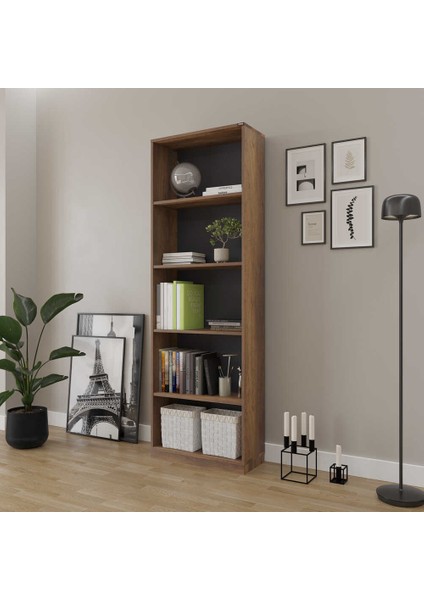 Modern 5 Raflı Kitaplık-Koyu Ceviz (Oslo Ceviz) 64X182X26 cm fiyatları
