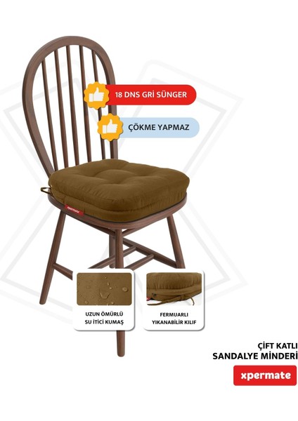 Çift Kat Sandalye Minderi Fermuarlı Yıkanabilir Kılıf Bağcıklı Su Ve Yağ Itici 42x42x8 Kahve
