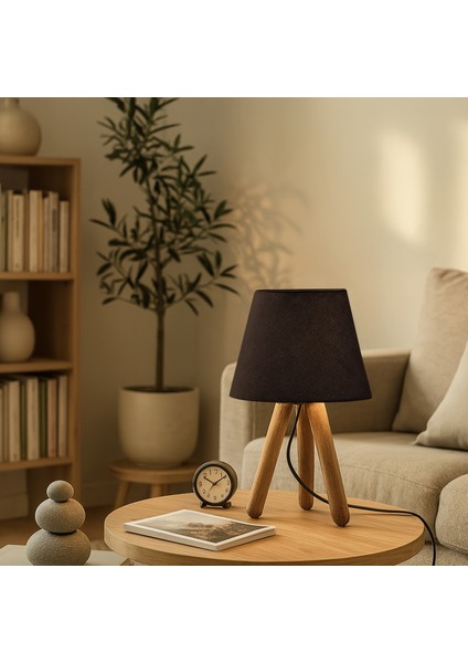 Tasarım Ahşap Krem Kumaş Başlık Abajur