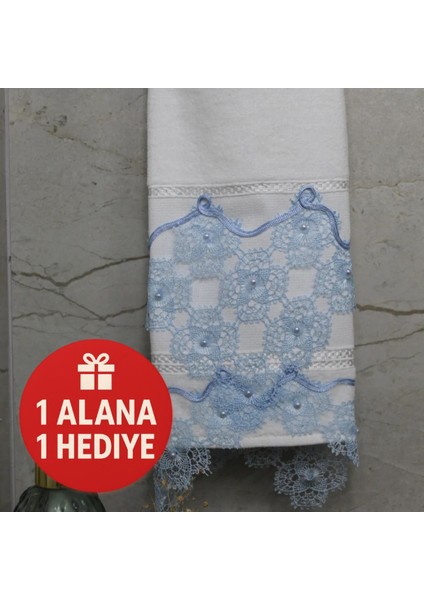 Evula Bir Alana Bir Hediye Mavi Dantelli El Havlusu (50 x 90)