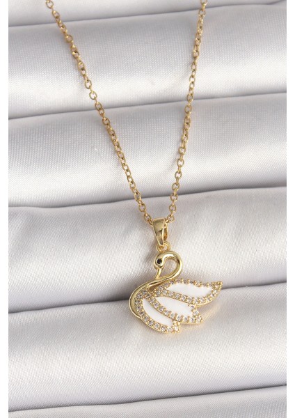 316L Çelik Gold Renk Zincir Zirkon Taşlı Kuğu Model Kadın Kolye - Modern Çözüm - Minimal Tarz