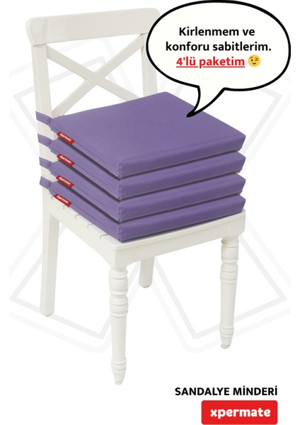 Fermuarlı 4'lü Sandalye Minderi Su Itici Kumaş 40X40 cm Sünger Sandalye Minderi Bağcıklı Mor