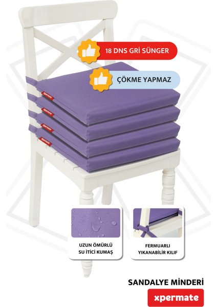 Fermuarlı 4'lü Sandalye Minderi Su Itici Kumaş 40X40 cm Sünger Sandalye Minderi Bağcıklı Mor modelleri