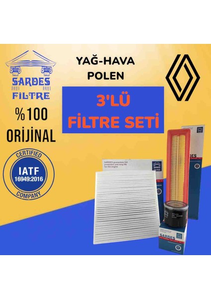 Renault Clio (4) 1.2 16V Benzin 75HP Yağ-Hava-Polen Filtre Seti (2011-2019)
