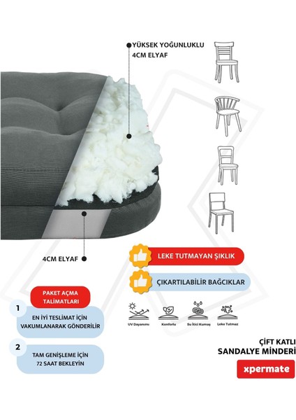Çift Kat Sandalye Minderi Fermuarlı Yıkanabilir Kılıf Bağcıklı Su Ve Yağ Itici 42x42x8 Antrasit modelleri
