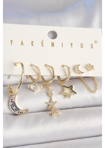 Pirinç Gold Renk Zirkon Taşlı Yıldız Model Hilal Detay 6'lı Kadın Kombin Küpe - Modern Çözüm - Estet
