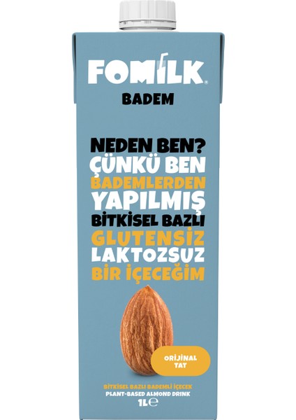 Badem Sütü 1 L Glutensiz Bitkisel Bazlı Laktozsuz Vegan Şekersiz