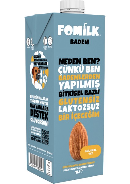 Badem Sütü 1 L Glutensiz Bitkisel Bazlı Laktozsuz Vegan Şekersiz