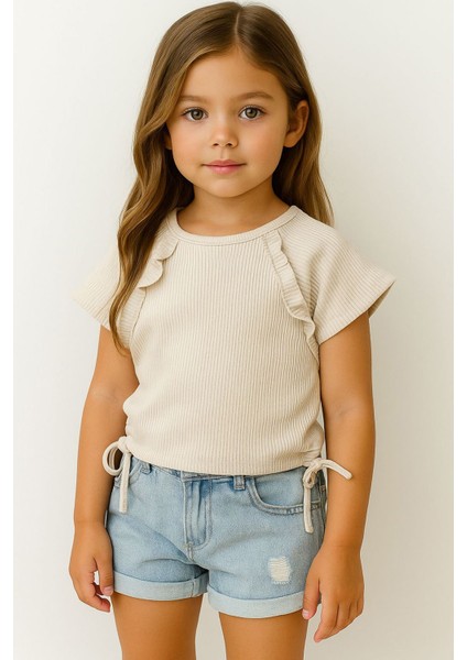 Yandan Bağlama Detaylı Kaşkorse Kız çocuk crop - Taş