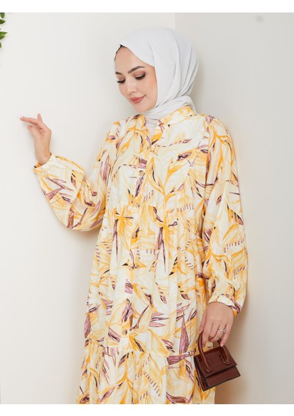 Kadın Düğmeli Desenli Modal Sarı Elbise modelleri