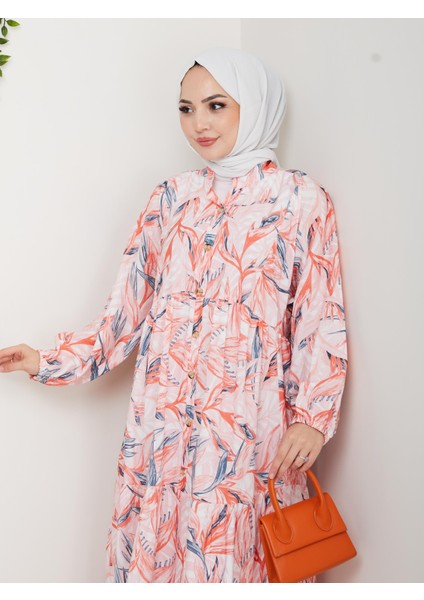 Kadın Düğmeli Desenli Modal Fuşya Elbise modelleri