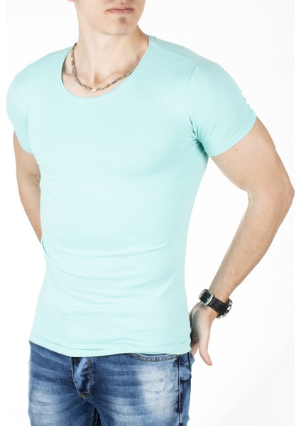 Su Yeşili Erkek/Unisex Slim Fit Dar Kesim Bisiklet Yaka Pamuklu Likralı Basic Tişört 1801131
