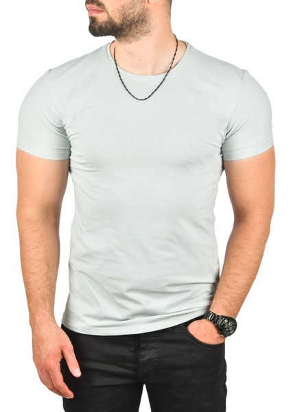 Su Yeşili Erkek/Unisex Slim Fit Dar Kesim Bisiklet Yaka Pamuklu Likralı Basic Tişört 1801131