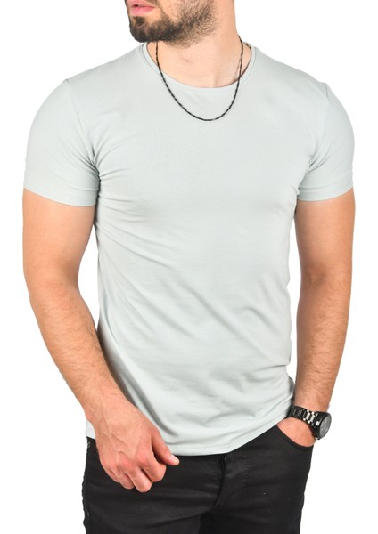 Su Yeşili Erkek/Unisex Slim Fit Dar Kesim Bisiklet Yaka Pamuklu Likralı Basic Tişört 1801131