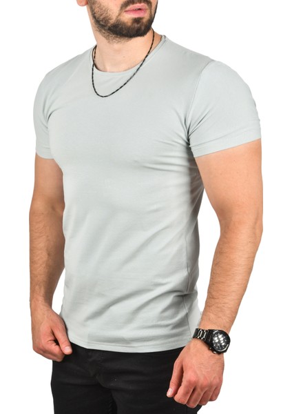 Su Yeşili Erkek/Unisex Slim Fit Dar Kesim Bisiklet Yaka Pamuklu Likralı Basic Tişört 1801131