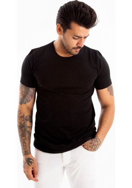 Siyah Erkek/Unisex Slim Fit Dar Kesim Bisiklet Yaka Pamuklu Likralı Basic Tişört 1801131
