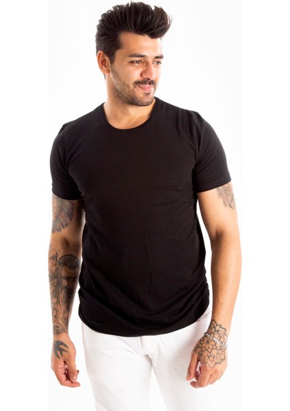 Siyah Erkek/Unisex Slim Fit Dar Kesim Bisiklet Yaka Pamuklu Likralı Basic Tişört 1801131 fırsatları
