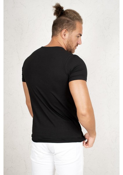 Siyah Erkek/Unisex Slim Fit Dar Kesim Bisiklet Yaka Pamuklu Likralı Basic Tişört 1801131