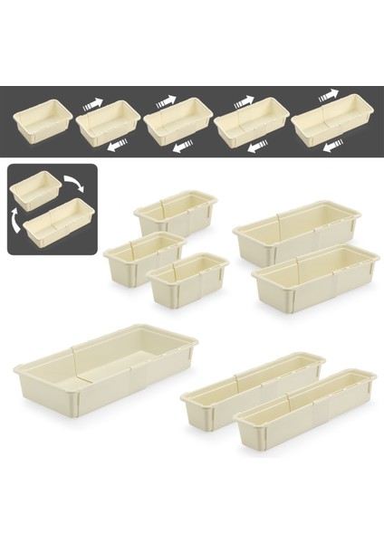 8'li Ayarlanabilir Kaşıklık Seti - Uzayabilen Çekmece Içi Modüler Düzenleyici Mutfak Organizer Bej