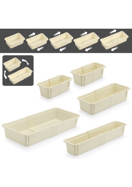 5'li Ayarlanabilir Kaşıklık Seti - Uzayabilen Çekmece Içi Modüler Düzenleyici Mutfak Organizer Bej