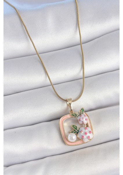 316L Çelik Gold Renk Zincir Pembe Mineli Kare Model Çiçek Işlemeli Inci Detay Kadın Kolye - Tarz Sah