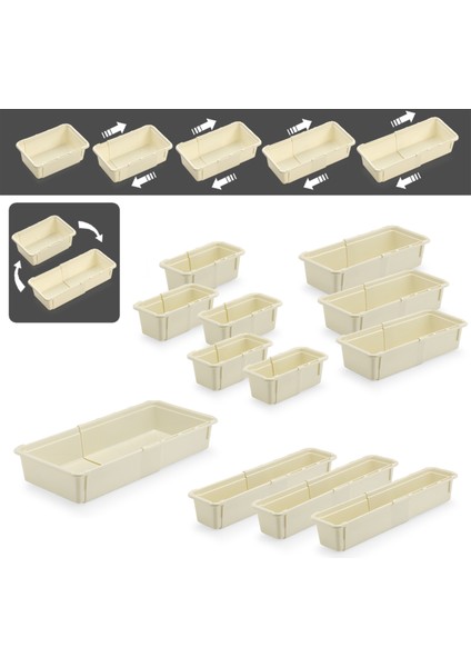 12'li Ayarlanabilir Kaşıklık Seti - Uzayabilen Çekmece Içi Modüler Düzenleyici Mutfak Organizer Bej