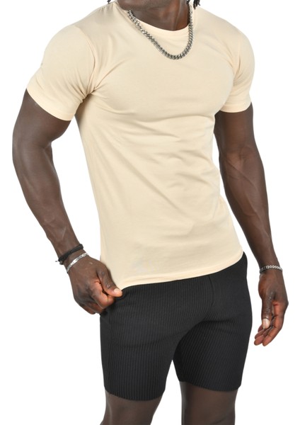Krem Erkek/Unisex Slim Fit Dar Kesim Bisiklet Yaka Pamuklu Likralı Basic Tişört 1801131