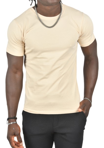 Krem Erkek/Unisex Slim Fit Dar Kesim Bisiklet Yaka Pamuklu Likralı Basic Tişört 1801131 fiyatları