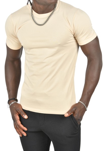 Krem Erkek/Unisex Slim Fit Dar Kesim Bisiklet Yaka Pamuklu Likralı Basic Tişört 1801131 modelleri