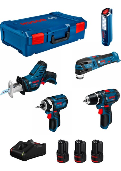 12 Volt 5 Li Akülü Set (Gsr 12V-15 + Gop 12V-28 + Gdr 12V-105 + Gsa 12V-14 + Glı 12V-300 + 3 x 2,0 Ah + Gal 12V-40 + L-Boxx Xl)