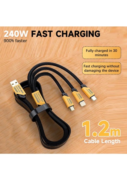 Type-C 3in1 240 Watt 1.2 Metre Halat Örgü Kırılmaz Uç Hızlı Şarj ve 480MBS Data Kablosu Samsung Xiaomi Huawei Oppo Realme Tecno Honor Apple iPhone fiyatları