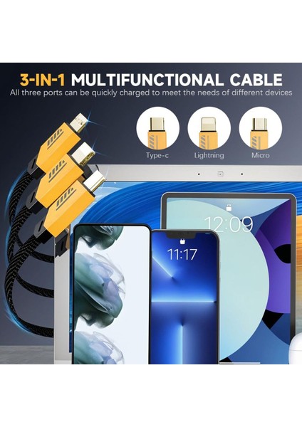 Type-C 3in1 240 Watt 1.2 Metre Halat Örgü Kırılmaz Uç Hızlı Şarj ve 480MBS Data Kablosu Samsung Xiaomi Huawei Oppo Realme Tecno Honor Apple iPhone modelleri