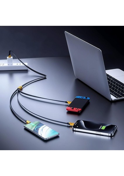 Type-C 3in1 240 Watt 1.2 Metre Halat Örgü Kırılmaz Uç Hızlı Şarj ve 480MBS Data Kablosu Samsung Xiaomi Huawei Oppo Realme Tecno Honor Apple iPhone