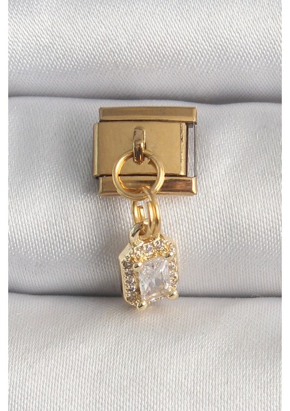316L Çelik Gold Renk Sallantı Zirkon Taşlı Kare Model Nomination Charm - Şık Tasarım