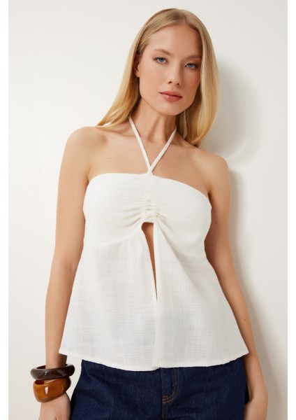 Boyundan Bağlamalı Büzgülü Keten Bluz LNS0061 EKRU