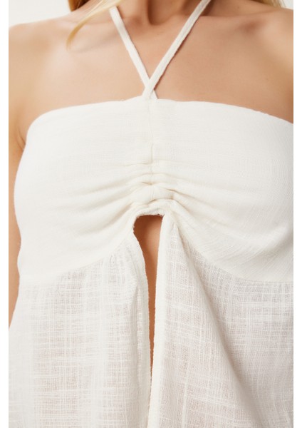 Boyundan Bağlamalı Büzgülü Keten Bluz LNS0061 EKRU modelleri