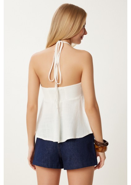 Boyundan Bağlamalı Büzgülü Keten Bluz LNS0061 EKRU fırsatları