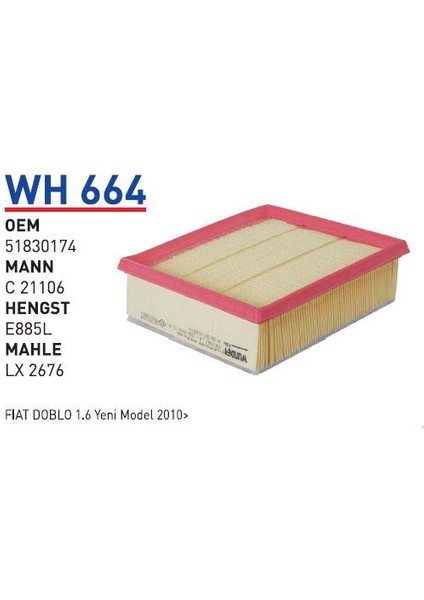 Wh664 Oem 51830174 Fiat doblo 1,6 10 linea 07 punto III 05 Otomobil hava filtre air filter
