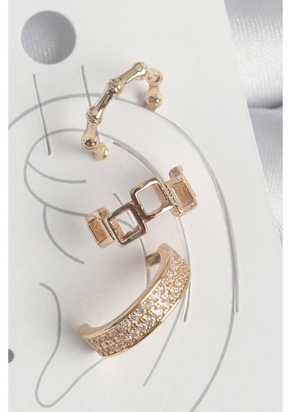 Pirinç Gold Renk Kare Model Zirkon Taşlı 3'lü Model Kadın Kıkırdak Küpe - Modern Çözüm - Modern Stil