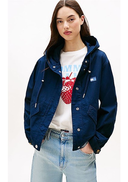 Kadın Kapüşonlu Cepli Cropped Ceket - Lacivert