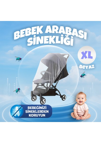 Beyaz Bebek Arabası Sinekliği Tüm Bebek Arabası & Puset Modellerine Uygun, Lastikli Xl Cibinlik