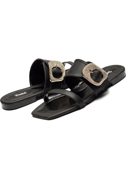 Kadın Deri Taban Taş Tokalı Terlik Siyah 13005 modelleri