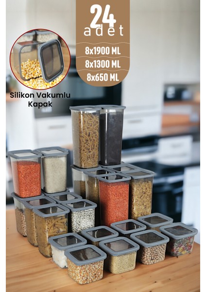 Kaşıklı Kapaklı Erzak Bakliyat Saklama Kabı Kare Saklama Kutusu Seti 24 Adet 1900-1300-650 ML