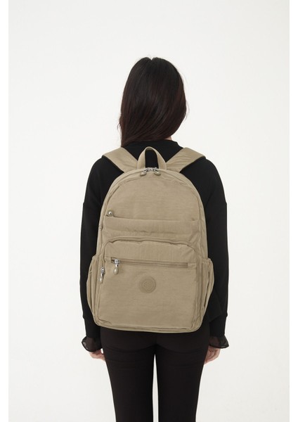 Sanmorris Unisex Suya Dayanıklı Büyük Boy Krinkıl Kumaş Çok Gözlü Bej Laptop Okul ve Seyahat Sırt Çantası fiyatları