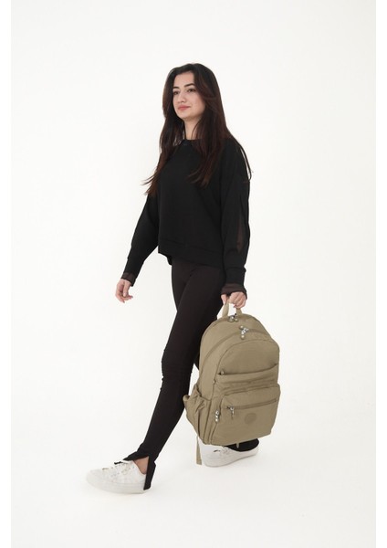 Sanmorris Unisex Suya Dayanıklı Büyük Boy Krinkıl Kumaş Çok Gözlü Bej Laptop Okul ve Seyahat Sırt Çantası modelleri