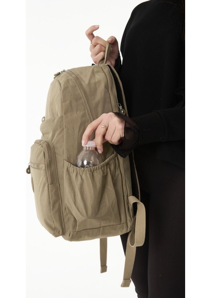 Sanmorris Unisex Suya Dayanıklı Büyük Boy Krinkıl Kumaş Çok Gözlü Bej Laptop Okul ve Seyahat Sırt Çantası