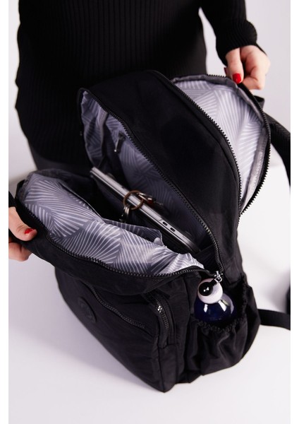 Sanmorris Unisex Suya Dayanıklı Büyük Boy Krinkıl Kumaş Çok Gözlü Bej Laptop Okul ve Seyahat Sırt Çantası