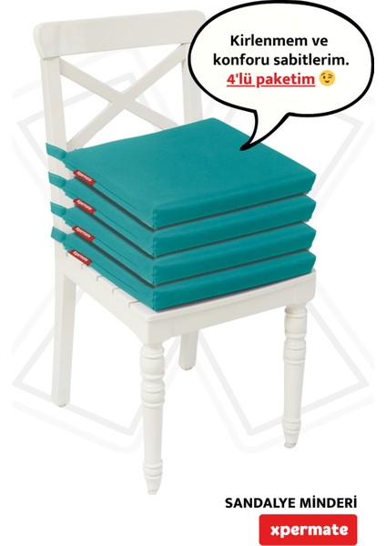 Fermuarlı 4'lü Sandalye Minderi Su Itici Kumaş 40X40 cm Sünger Sandalye Minderi Bağcıklı Yeşil