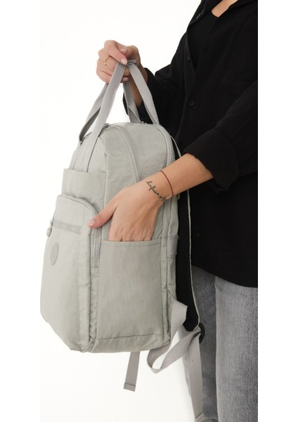 Unisex Suya Dayanıklı Orta Boy Krinkıl Kumaş Çok Gözlü Açık Gri Laptop Okul ve Seyahat Sırt Çantası