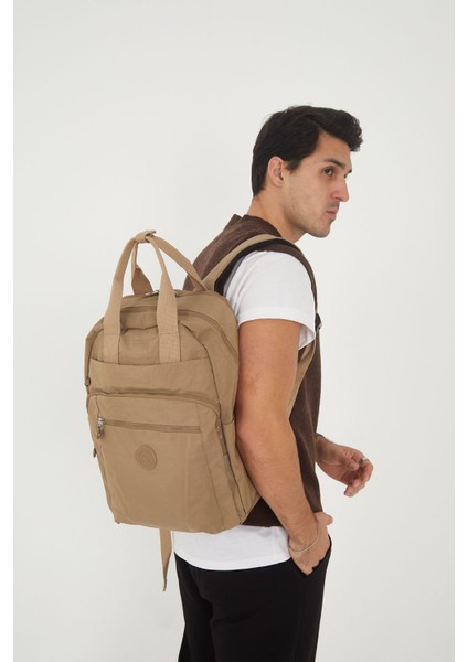 Unisex Suya Dayanıklı Orta Boy Krinkıl Kumaş Çok Gözlü Bej Laptop Okul ve Seyahat Sırt Çantası indirimleri